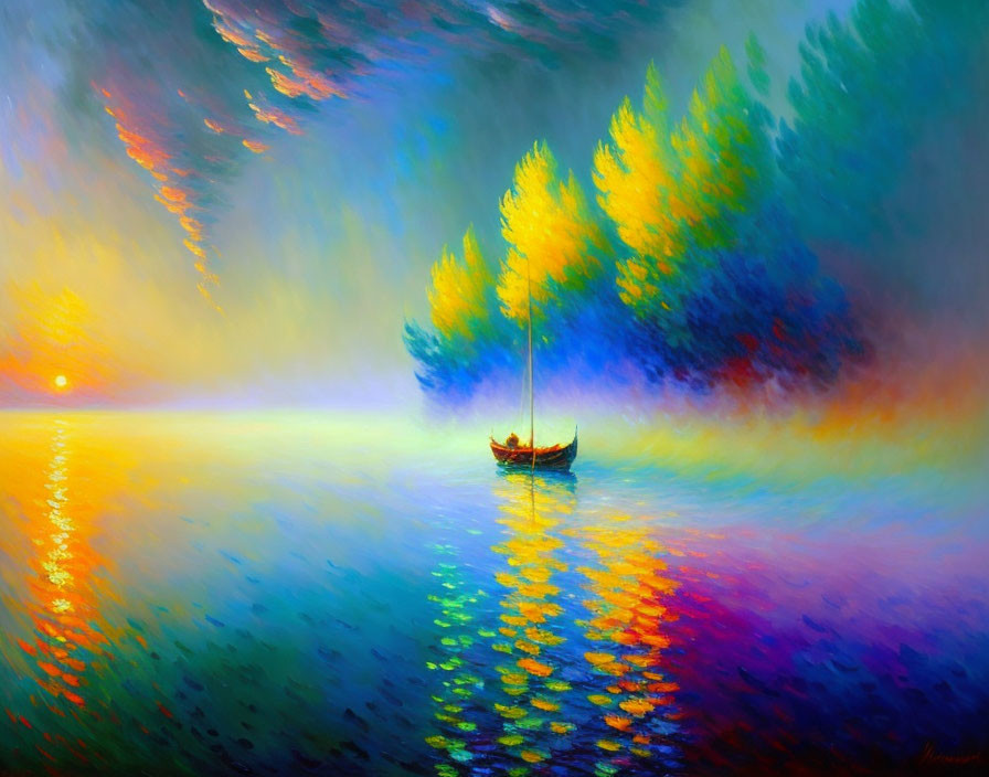 Colorful boat painting on serene lake with yellow and blue trees