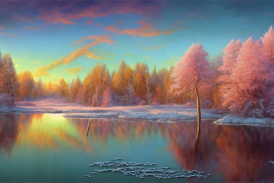 Tranquil dawn landscape with serene lake, pastel sky, and frost-covered trees