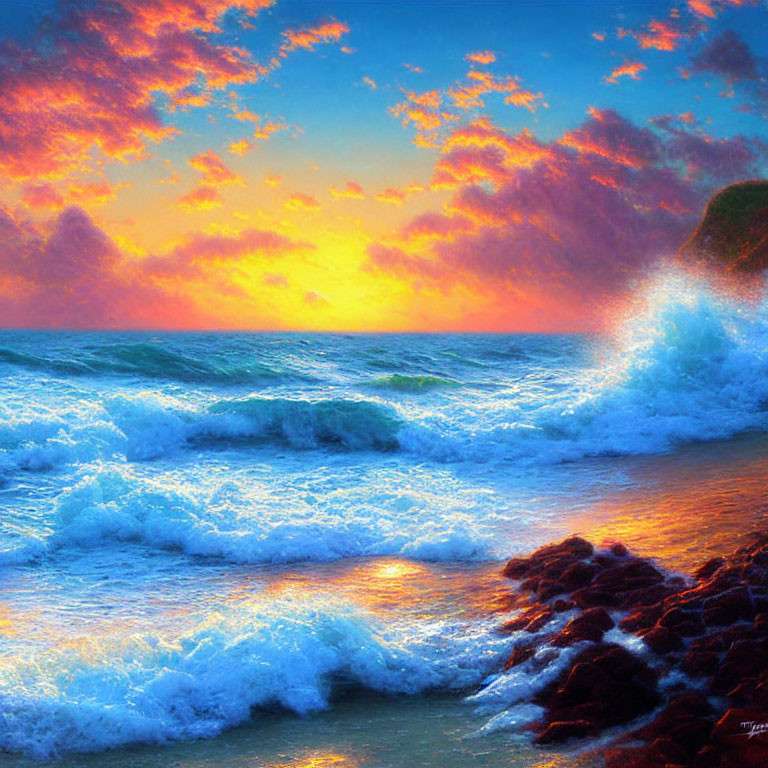 Fiery sunset ocean scene with crashing waves