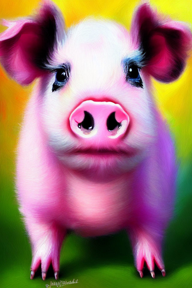 Colorful Pink Pig Illustration on Yellow-Green Background