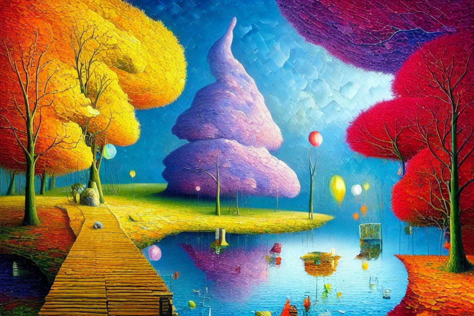 Colorful Landscape Painting with Vibrant Trees and Floating Balloons