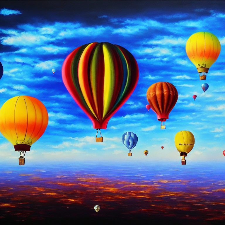Vibrant hot air balloons in colorful sky at sunset