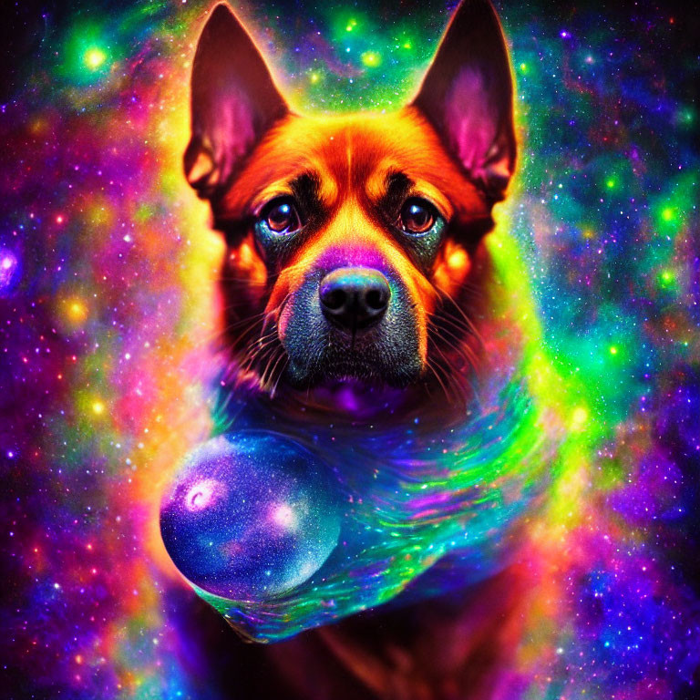 Colorful Dog with Pointed Ears Holding Glowing Orb on Galaxy Background