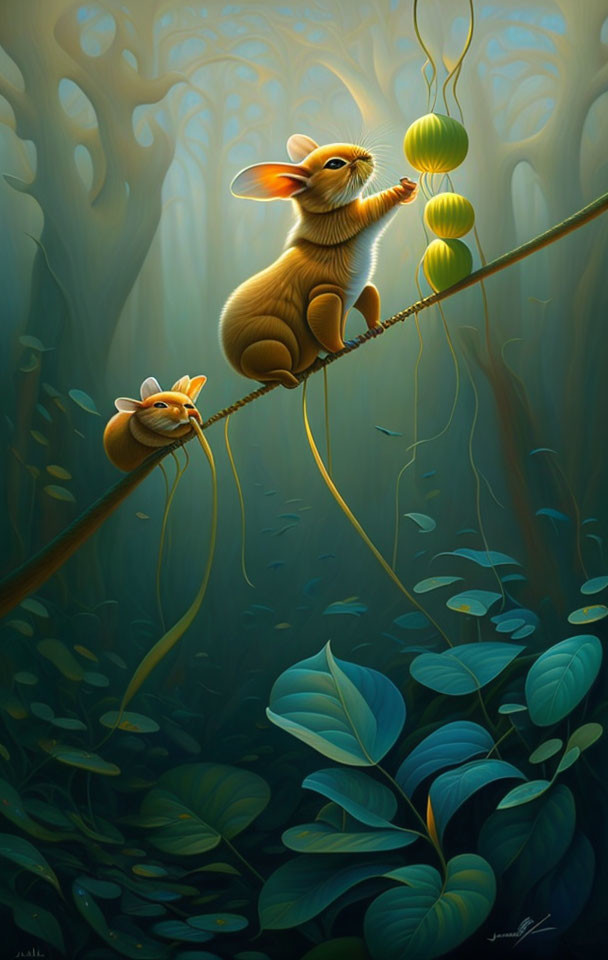 Stylized mice on branch with green leaves and fruits