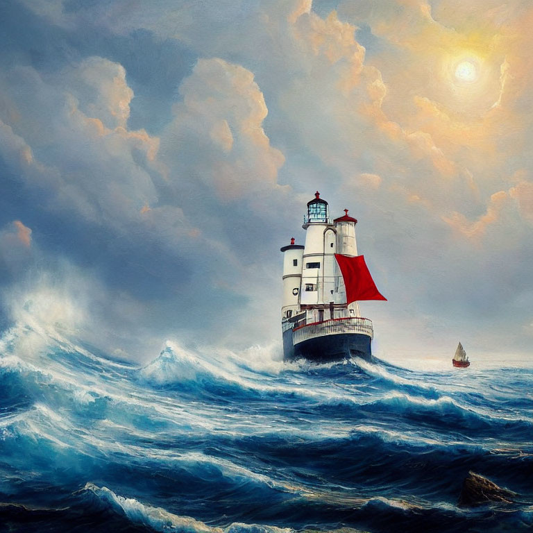 Dramatic seascape painting with lighthouse, red flag, and boat