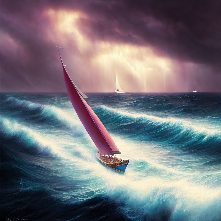 Colorful sailboat sails turbulent seas under stormy sky with distant boats.