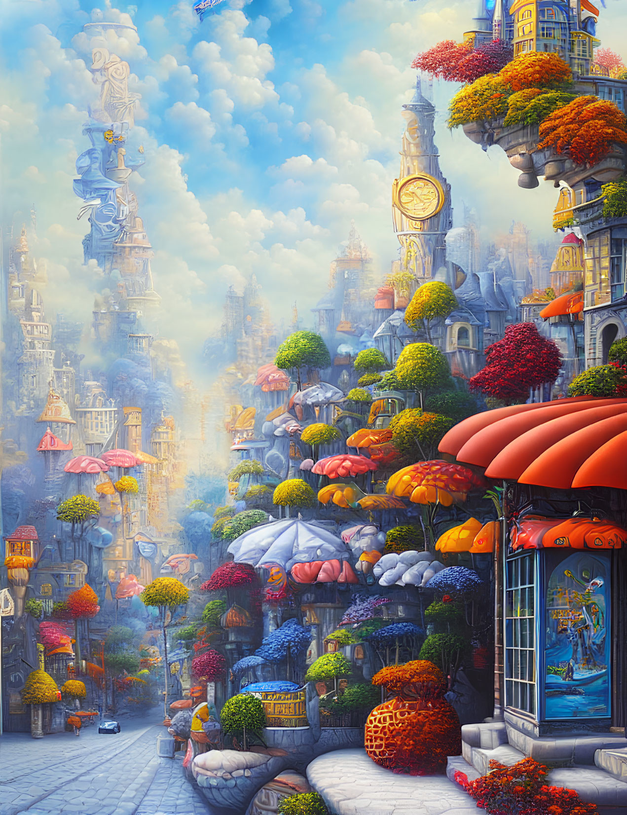 Elaborate towers and autumnal trees in a vibrant cityscape