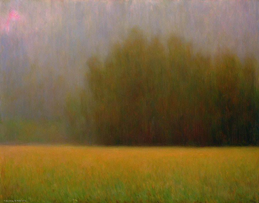 Impressionistic landscape painting with misty grove and green field