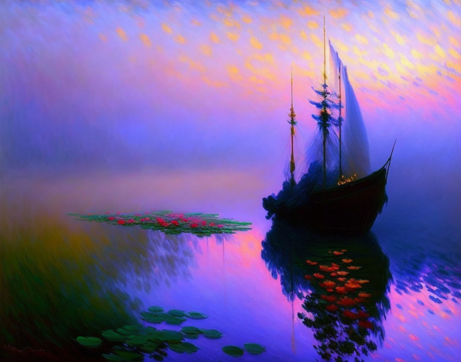 Colorful Sailboat Painting on Tranquil Waters with Lily Pads and Purple Sky