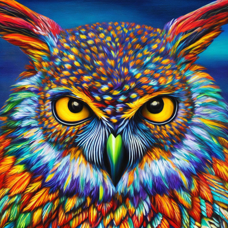 Colorful Owl Painting with Intense Yellow Eyes and Detailed Feathers