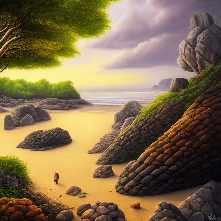 Tranquil beach scene with person walking, rock formations, sandy shores, trees, calm sea,