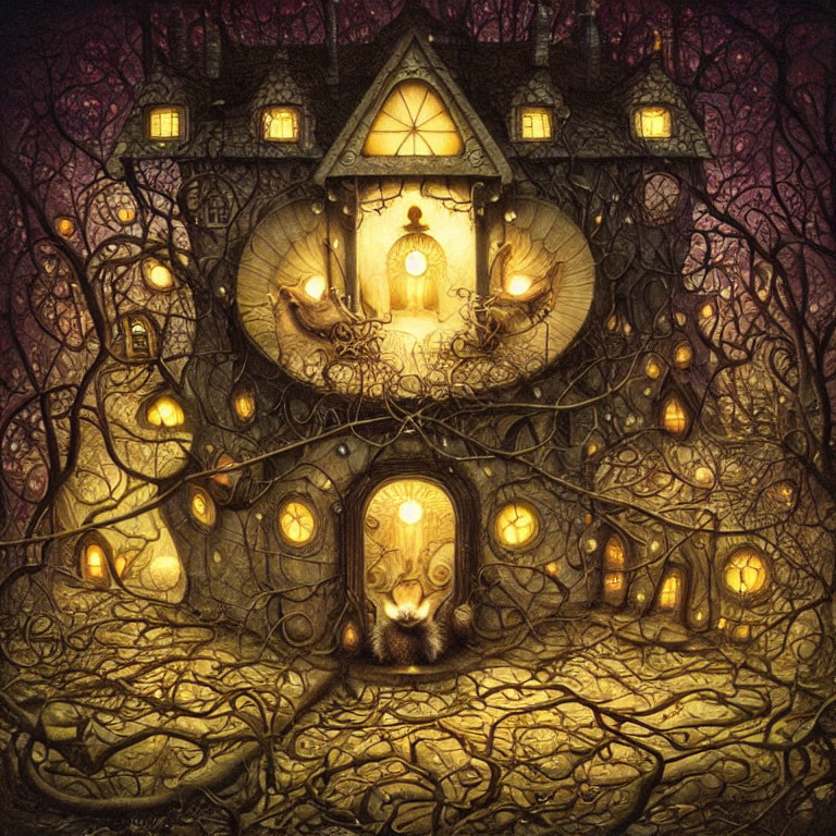 Illustration of eerie fairytale house in twisted tree forest