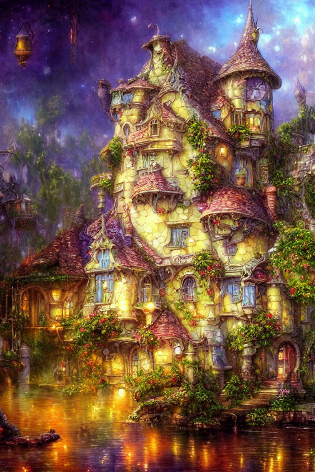 Enchanting fairytale cottage with ivy and flowers in mystical forest