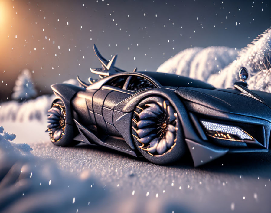 Futuristic black car with wheel turbines in snowy setting