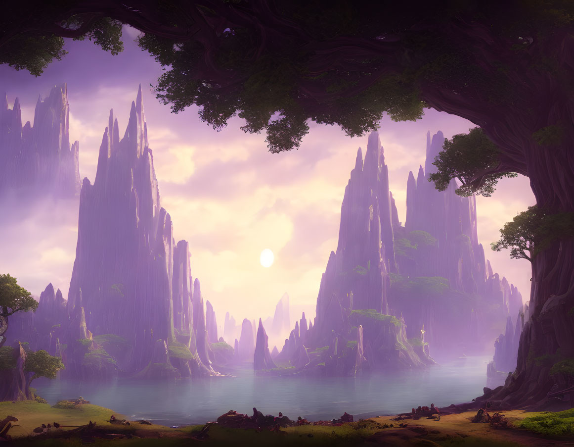 Purple Rock Formations, River, and Sunrise in Fantasy Landscape