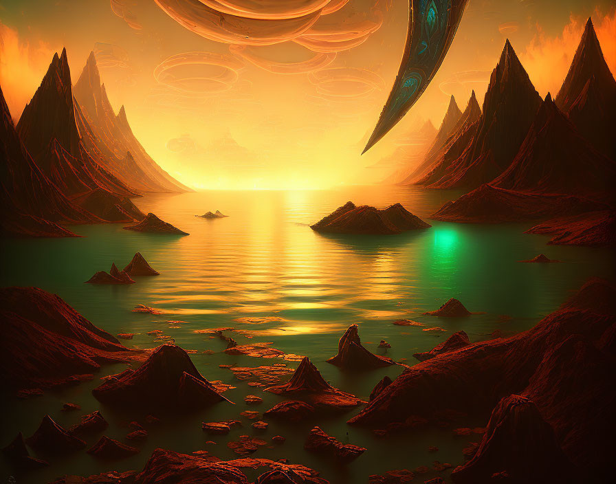 Sci-fi landscape with sharp mountains, greenish-orange lake, and alien planets