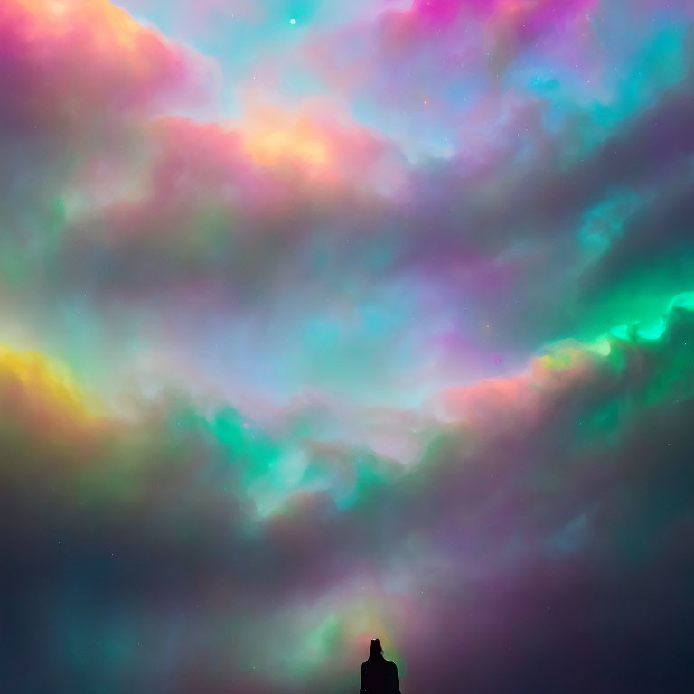 Silhouetted figure under vibrant multicolored sky with pink, yellow, and green hues