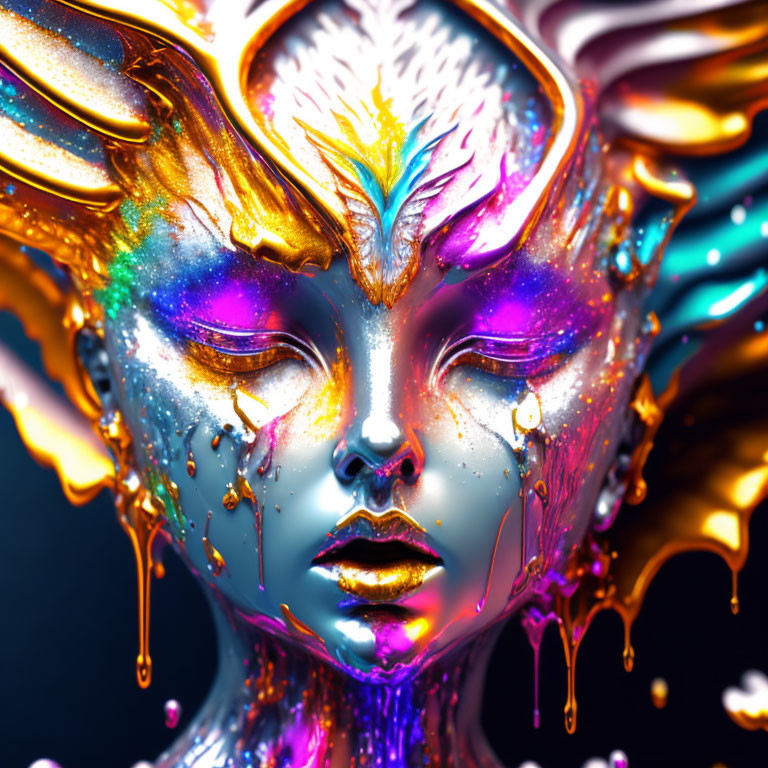 Colorful surreal digital artwork of figure with glossy, dripping face in gold, blue, and purple hues