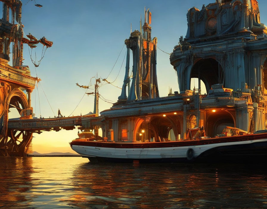 Ornate steamboat beside grandiose sunset-lit structure