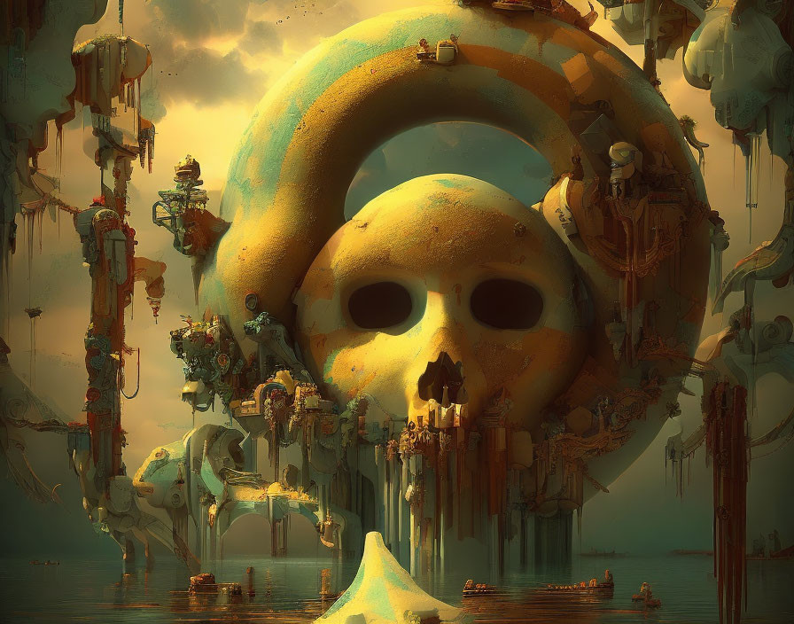 Fantastical dystopian landscape with giant skull and yellowish-green atmosphere