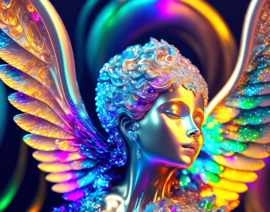 Colorful Digital Artwork: Serene Female Figure with Butterfly Wings