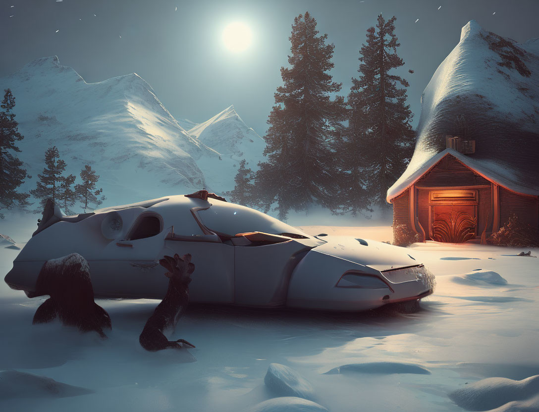 Snow-covered night landscape with futuristic vehicle, cozy cabin, moon, and stars