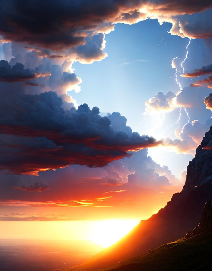Vivid orange sunset with lightning bolt and sunbeams near mountain cliff