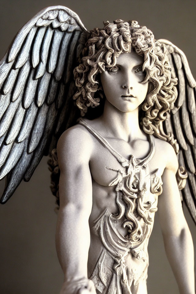 Detailed Sculpture of Curly-Haired Angel with Feathered Wings