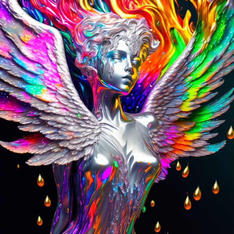 Colorful Angel Artwork with Multicolored Wings on Dark Background