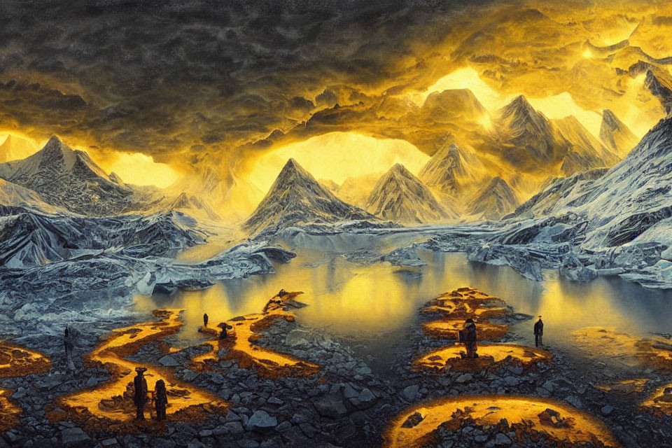 Dramatic Landscape with Glowing Lava Rings and Snow-Capped Mountains
