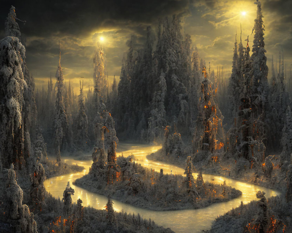 Frosty forest with rivers under golden light