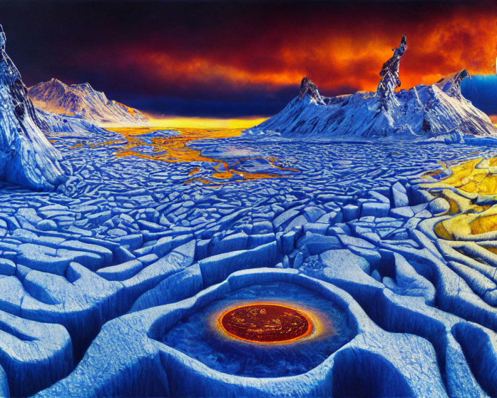Surreal landscape with icy blue terrain and erupting volcanoes