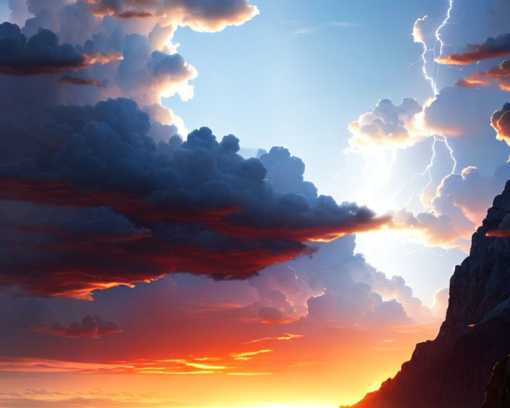 Vivid orange sunset with lightning bolt and sunbeams near mountain cliff