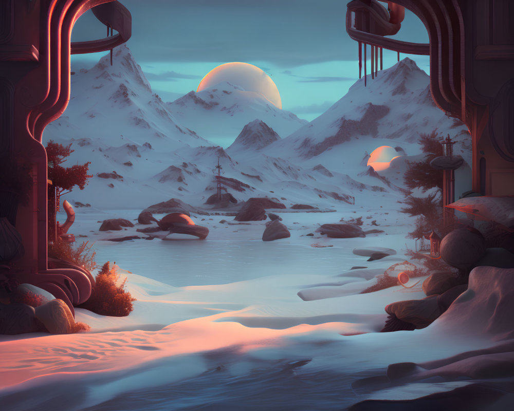 Surreal snow-covered mountains with dual suns and alien-like structures