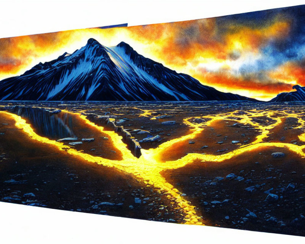 Volcanic landscape with molten lava, mountains, and fiery sky