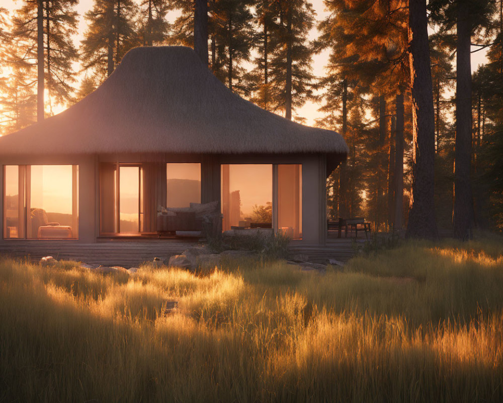 Thatched roof cabin in pine forest at sunset