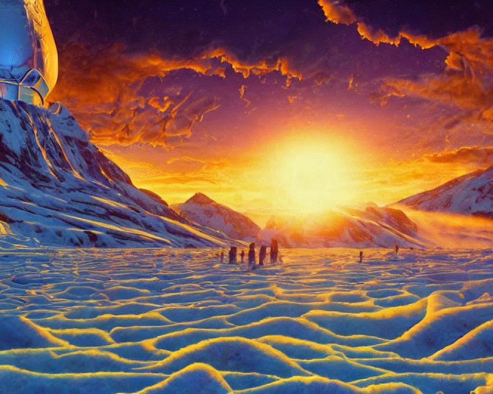 Group of people on icy alien landscape observing sunrise with orange clouds and large structure.