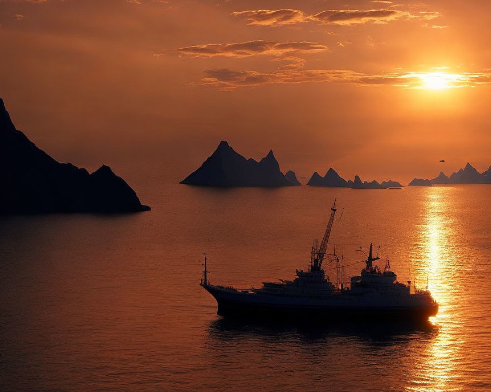 Sailing ship at sunset with silhouette mountain peaks under orange sky
