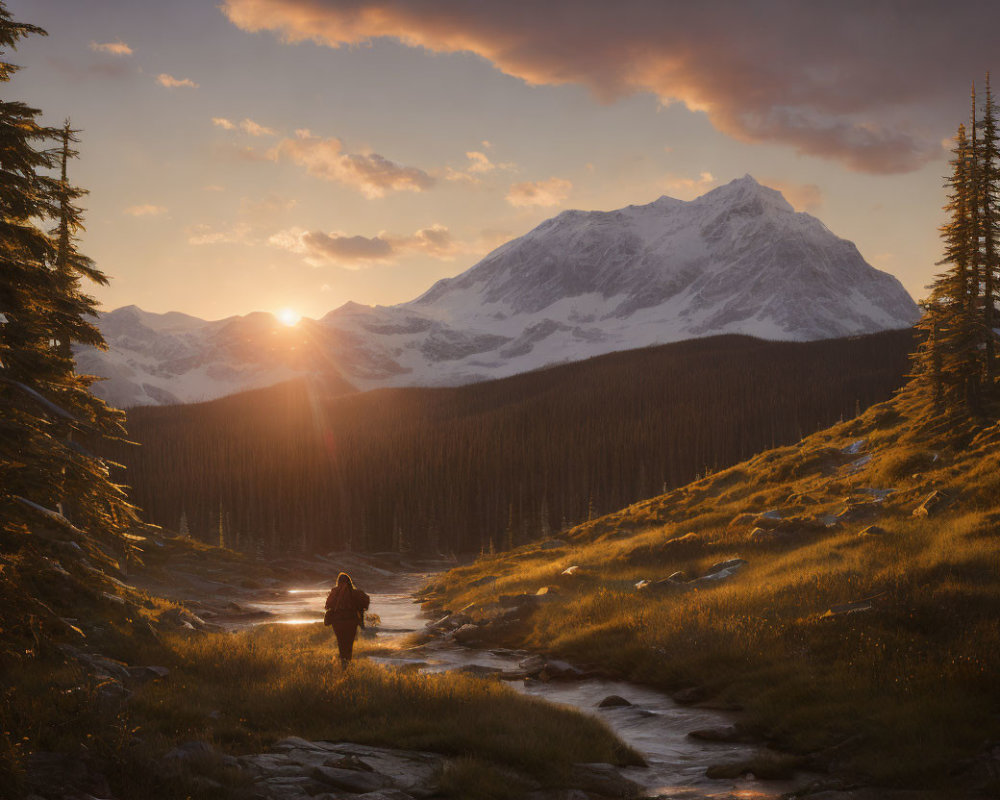 Hiker walking by stream at sunset with snow-capped mountains in background