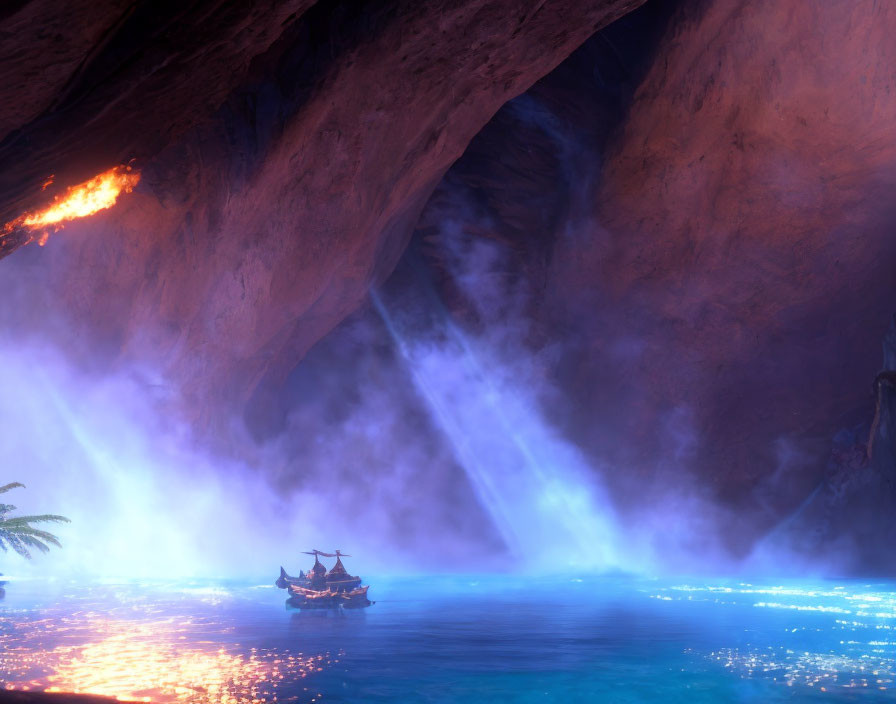 Boat sailing in blue cave with firelight and floating lights