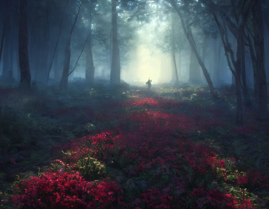 Enchanting forest scene with red flowers, towering trees, and mysterious figure