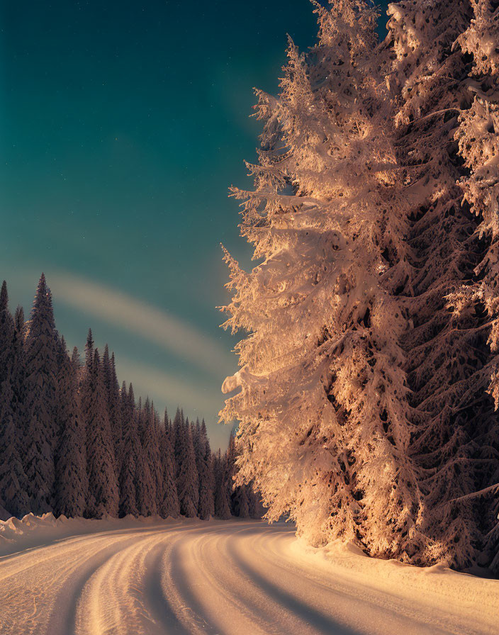 Winter scene: Snow-covered trees along a winding road under a night sky with aurora.