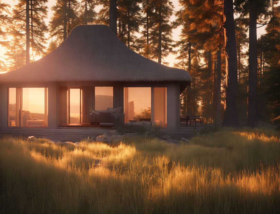Thatched roof cabin in pine forest at sunset