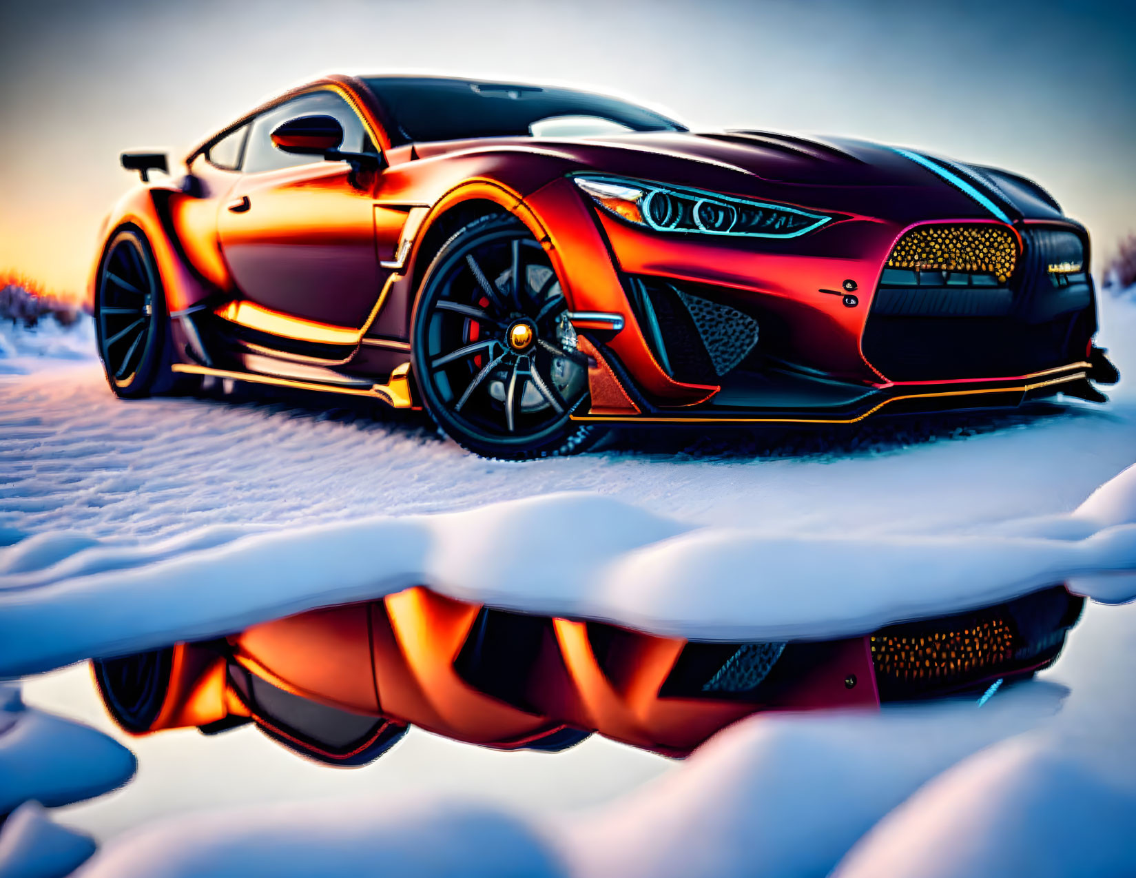 Red and Black Sports Car on Snowy Surface at Twilight