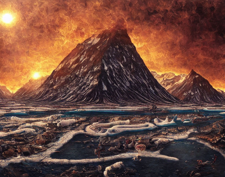 Surreal landscape: towering mountain, orange sky, serpentine river, ice chunks, mysterious