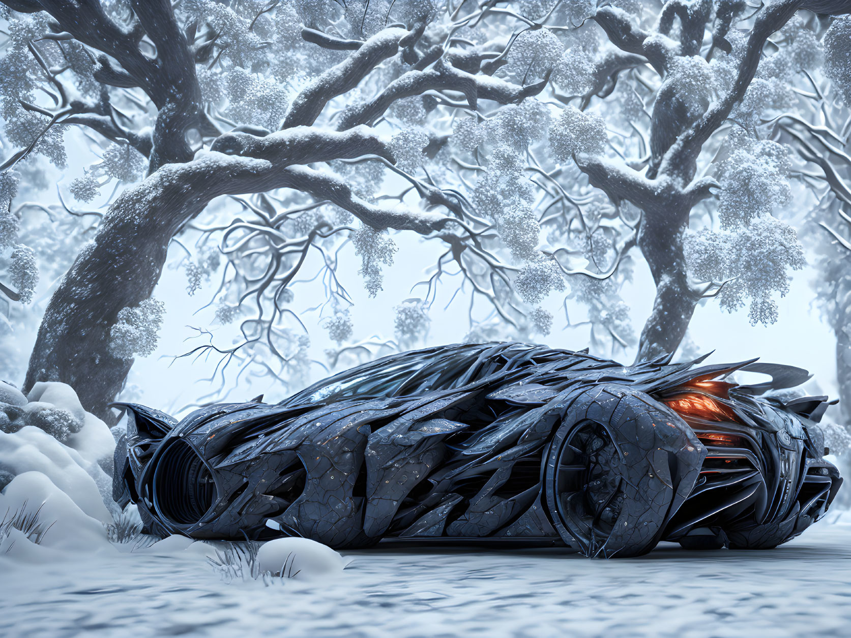 Futuristic organic car in snowy forest with tech-nature blend