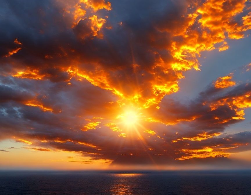 Dramatic Fiery Sunset with Sunbeams over Calm Sea