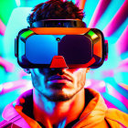 Bearded man in VR headset with neon lights
