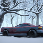 Futuristic organic car in snowy forest with tech-nature blend