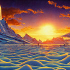 Group of people on icy alien landscape observing sunrise with orange clouds and large structure.